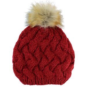 Red Knit Beret Beanie Hat With Fur Pom Pom